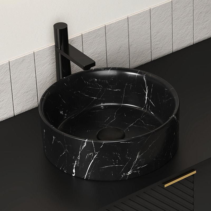Lavabo de salle de bain en céramique ronde de 14 po, motif pierre, finition noir mat, atmosphère et teinture, lavabo en céramique de 4,63 po de hauteur, noir, avec textures veinées gris brumeux, conception classique,