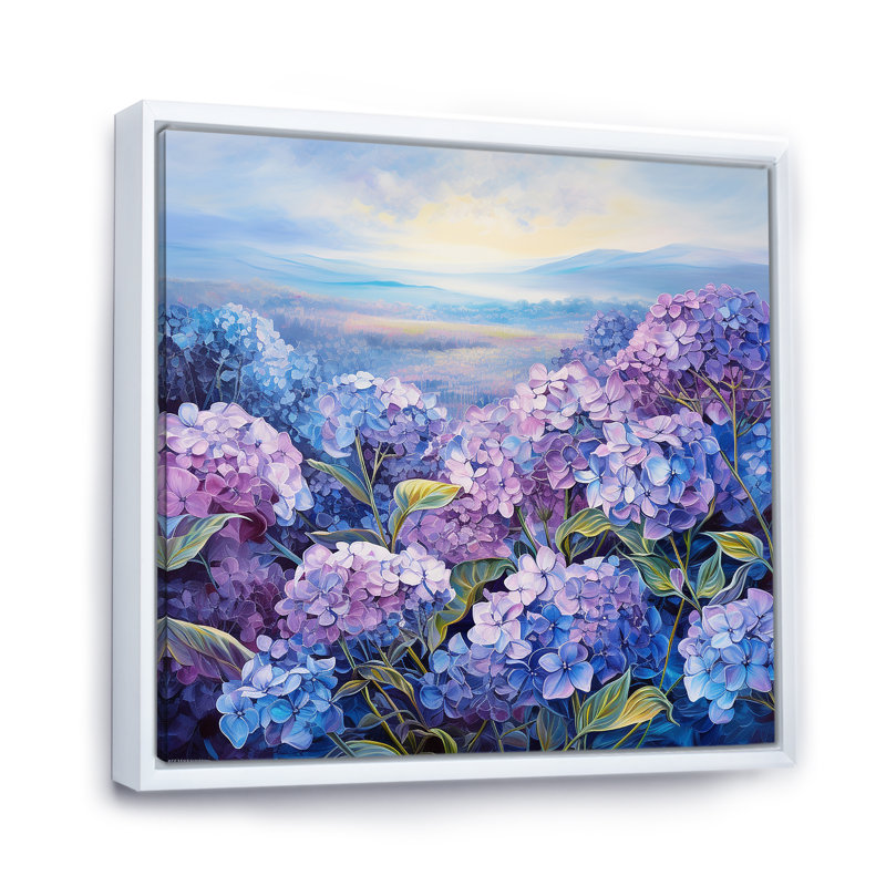 Fleurs d'hortensia mauve sur toile, Cadre flottant blanc, H 36 po x l 36 po x P 1,5 po