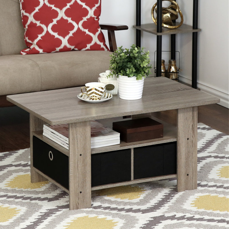 Table basse avec tiroir-bac Kenton, Plateau en chêne français gris / base noire