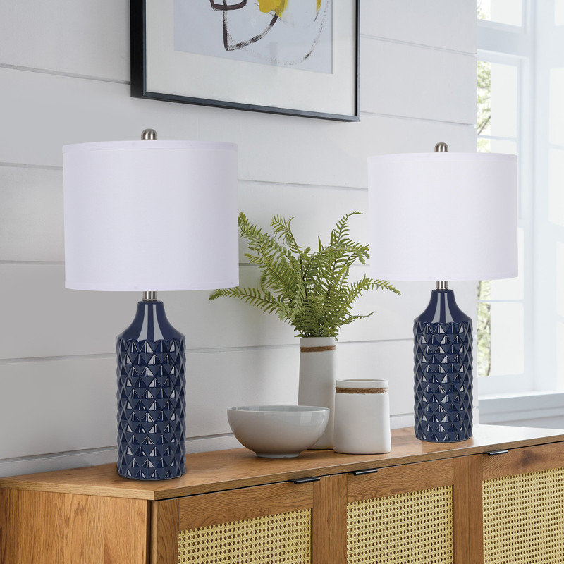 Navy Blue Ceramic Table Lamp Set with White Linen Shades