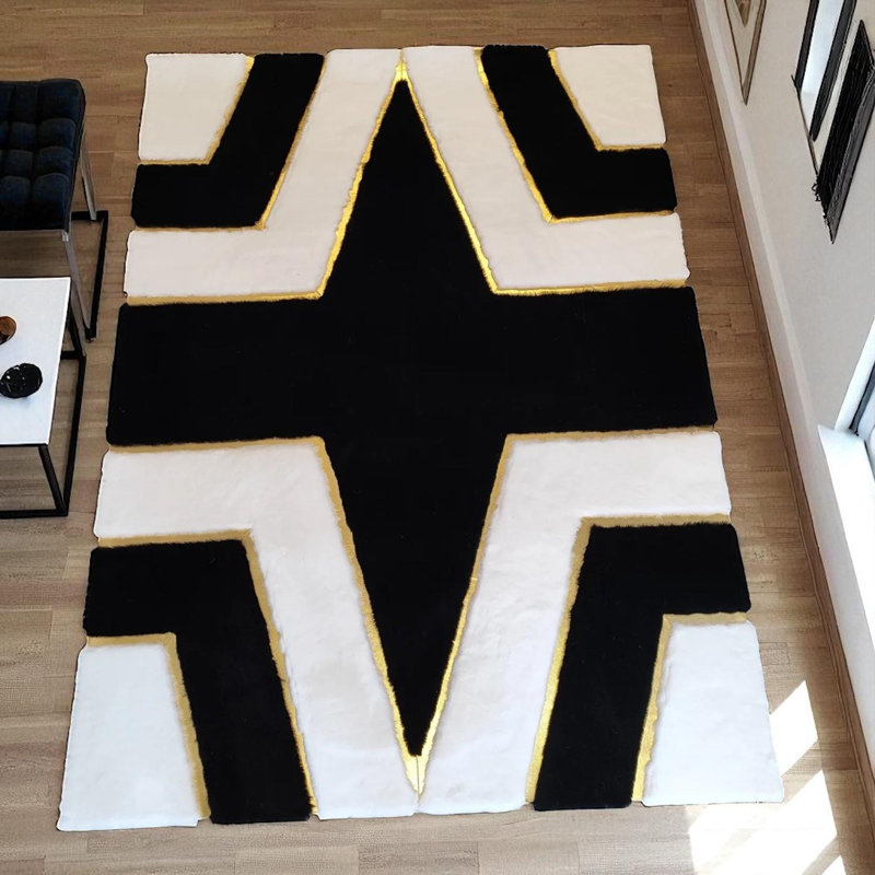 Tapis noir et blanc moelleux avec un contraste audacieux, un tapis moelleux de taille personnalisée_10 x 14 pi