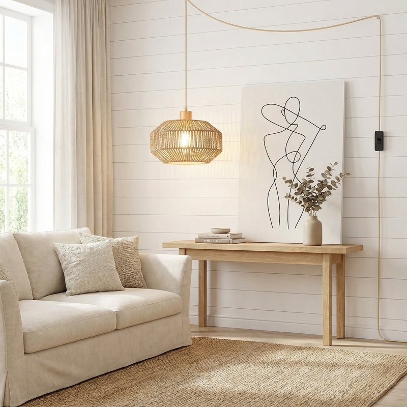Plug In Pendant Light Paper Woven Rattan Hanging Lights Boho Hanging Lamp Rustic Farmhouse Pendant Lights For Kitchen Dining Room Bedroom Entryway, With 3-Way Dimmable Bulb (Woven)