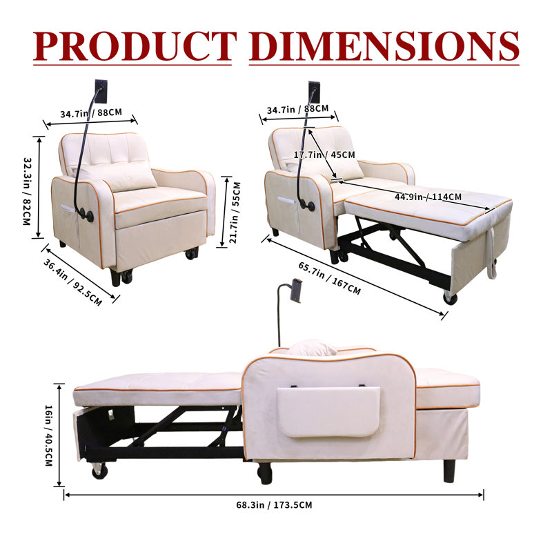 Canapé-lit simple 3 en 1, fauteuil-lit convertible avec dossier réglable et support pour téléphone, fauteuil-lit en velours pour petits espaces