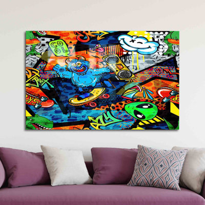 Adorable Monster-themed Graffiti Art Printed on High-quality Glass for Unique and Playful Wall Decor