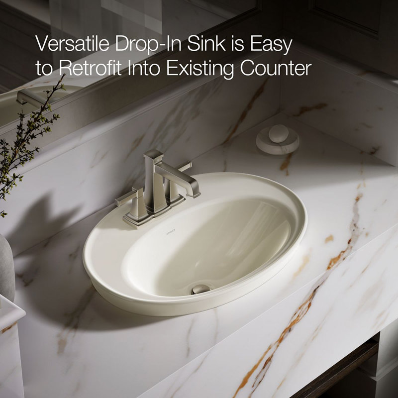 Serif Ceramic Oval Drop-In Bathroom Sink with Overflow, Biscuit, 4'' Centerset