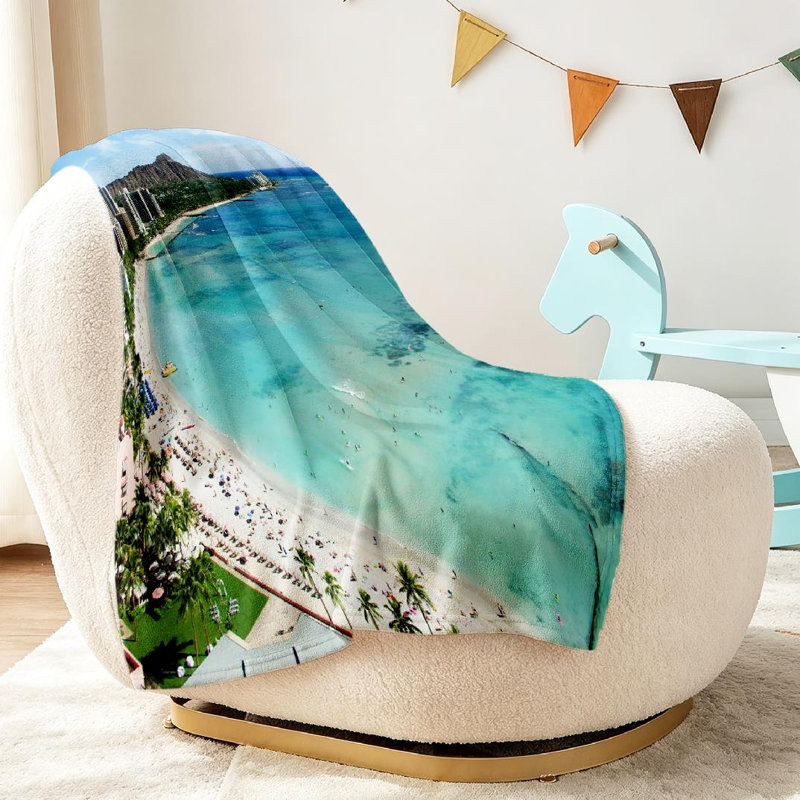 Jeté en flanelle bleue ultra douce, imprimé plage et tête de diamant, Throw 30" x 40"