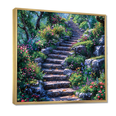 «Country Side Stairs With Blossoming Flowers», impression d'art mural champ de fleurs