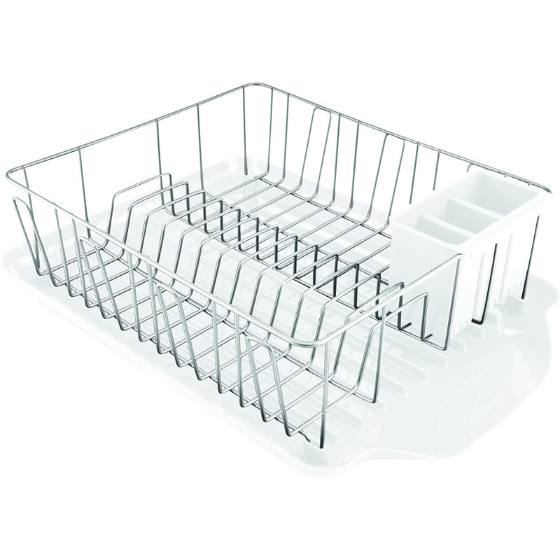 Classic Large Rust Resistant Full Dishrack With Removable 3 Compartment Flatware Caddy, Andlged Drain Board, 3-Piece, White