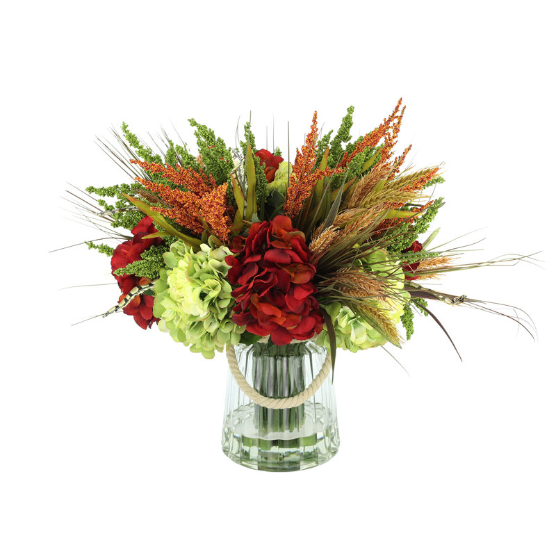 Heather and Assorted Hydrangeas in Glass Vase