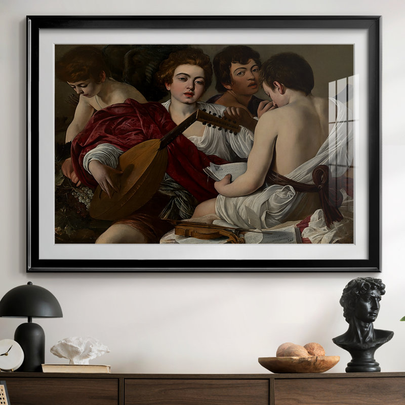 The Musisans-Caravaggio-Reproduction encadrée avec passe-partout et verre-c. 1595, 26,5 x 36,5, Noir, Impression encadrée