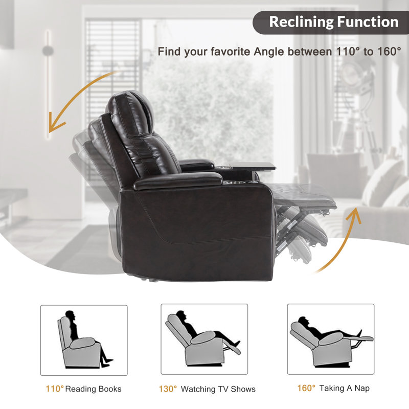  Power Motion Recliner with USB Charging Ports, Hidden Arm Storage, Two Cup Holders, and 360° Swivel Tray Table, Functional Design, Brown