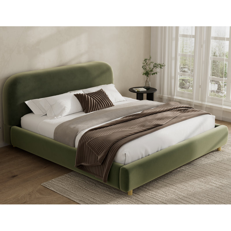 Lit plateforme grand avec tissu en velours, lit tapissier avec tête de lit épaisse Curve Design