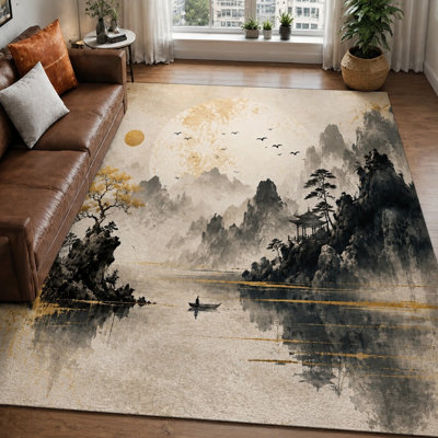 1Pcs Artistic Landscape Rug - Ink Wash Style, Misty Mountains, Serene Lake, Boat Silhouette, Majestic Moon, Birds in Flight, Abstract Design, Vintage Feel, Decorative Floor Mat for Living Room, Bedroom, Office Indoor Use for home detor