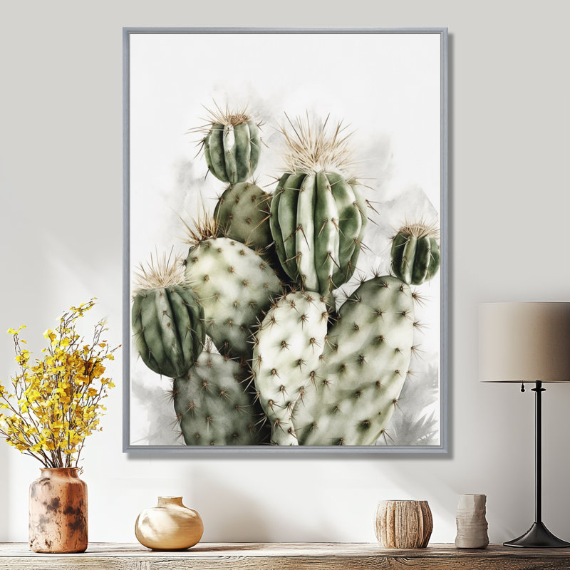 «Lincoln Desert Green Flower Cactus» sur toile, H 32 po x l 16 po, Encadrement argenté