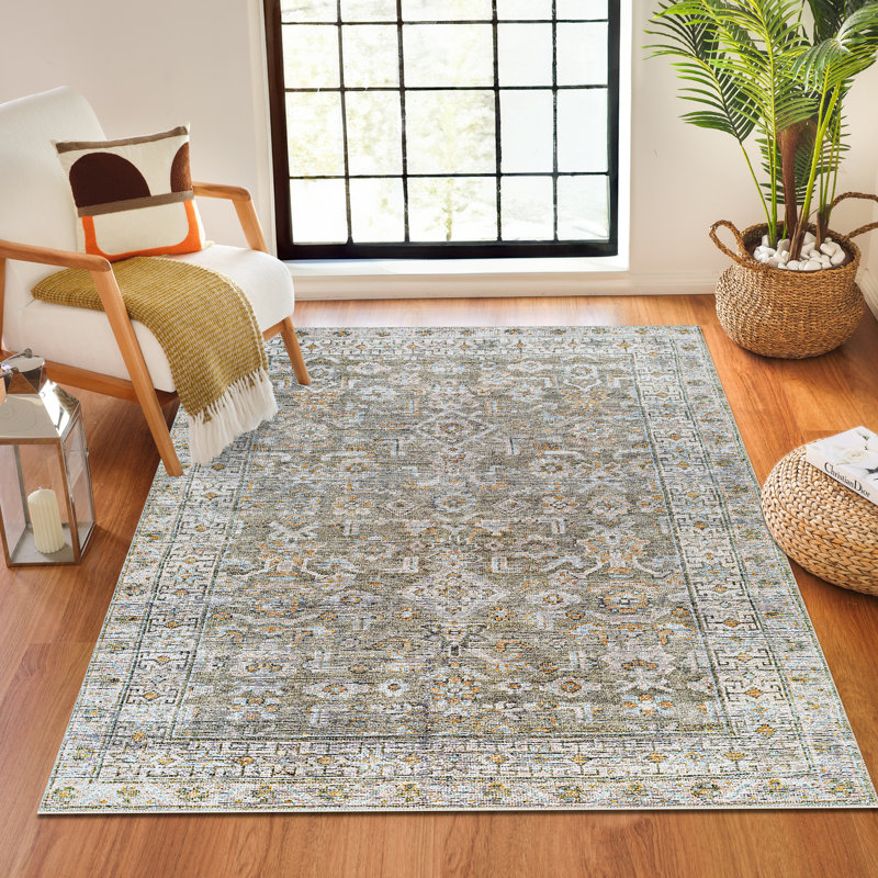 Machine Washable Vintage Area Rug Grey/Green, Rectangle 160 x 213cm