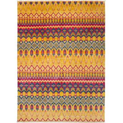 Tapis unique en laine noué à la main jaune et rose style Mogul des années 2010 de 8 pi 10 po x 12 pi 2 po Quitan