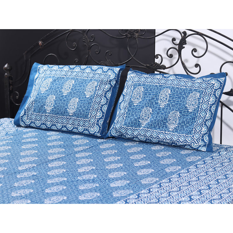 Artisanal Indigo Batik Cotton 3-Piece Bedsheet Set, Aamra Mango Grove Pattern
