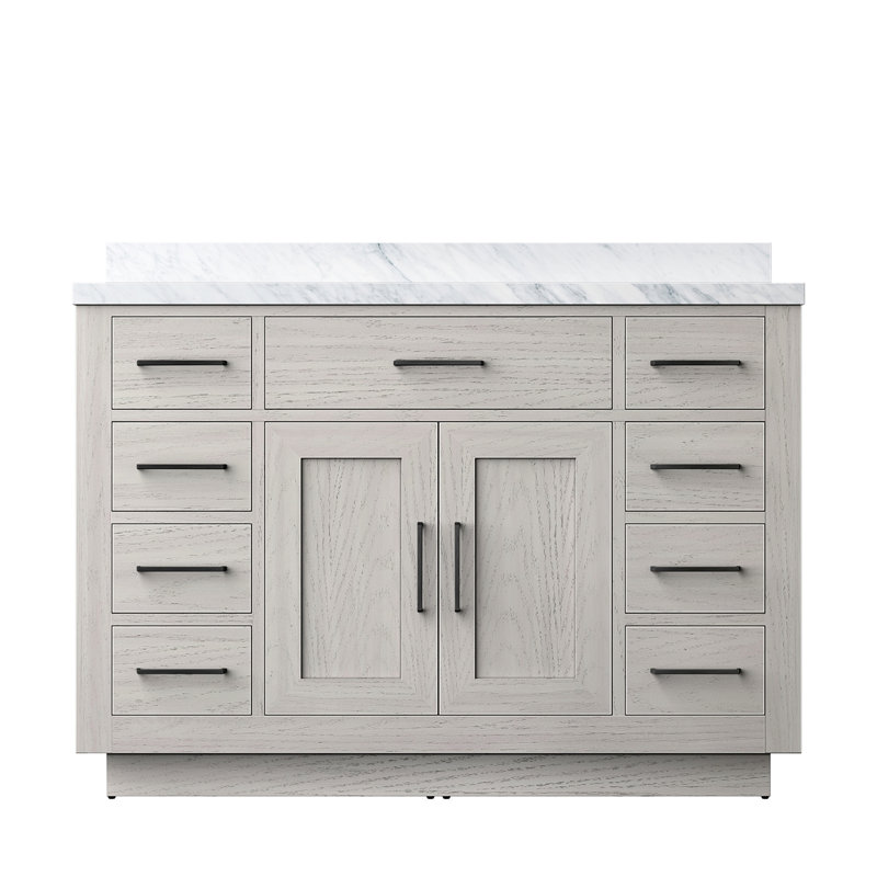 Meuble-lavabo simple en chêne blanc avec largeur de 48 po, profondeur de 22 po, plateau en marbre, fabrication en bois massif, fonctionnalité de fermeture en douceur L, P, surface de présentation, cadre, fonction de fermeture