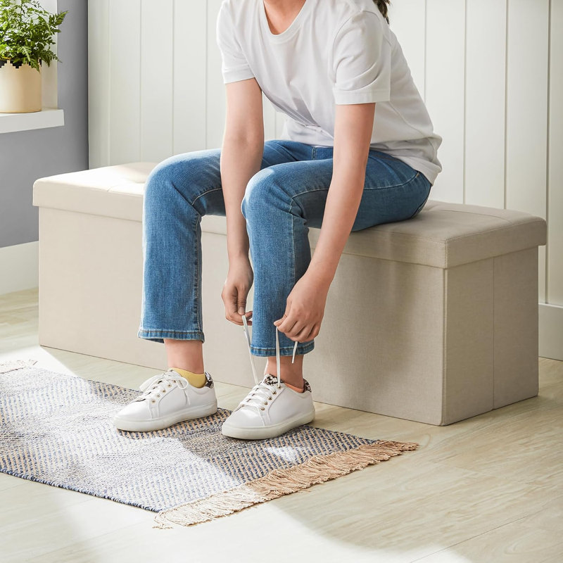 110x38x38cm Linen Upholstered Storage Bench, Cream White