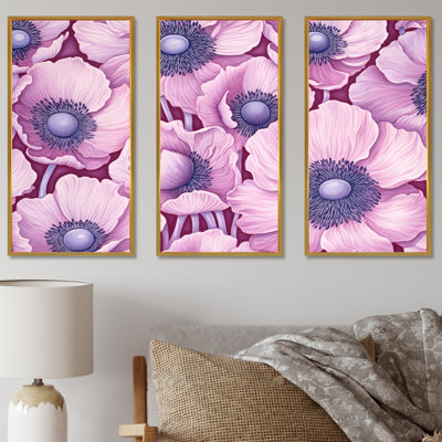"Euphoria" rose et mauve coquelicots - ensemble de reproductions d'art mural fleurs
