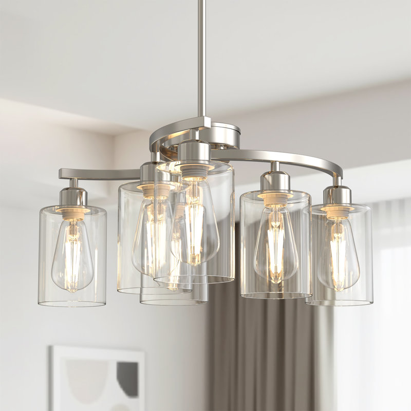 Lustre suspendu avec abat-jour en verre transparent, 6 lumières