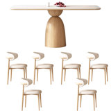 Cream Oak Rectangular Rock-Plate Table Chair Set 6 - Person Pedestal Dining Set