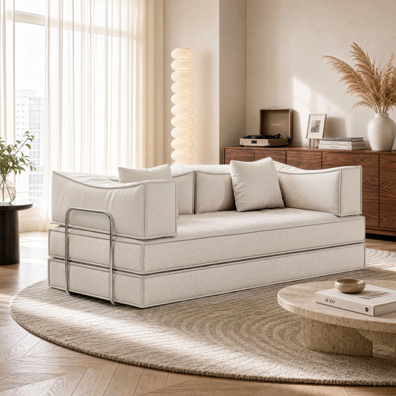 78.7" Large 5 In 1 Sofa Bed Convertible, No Tools Assembly Sleeper Sofa, Modern Frameless Boneless Couch, Washable Corduroy Couch, Oversized For Small Space, 2 Pillows Included, Beige