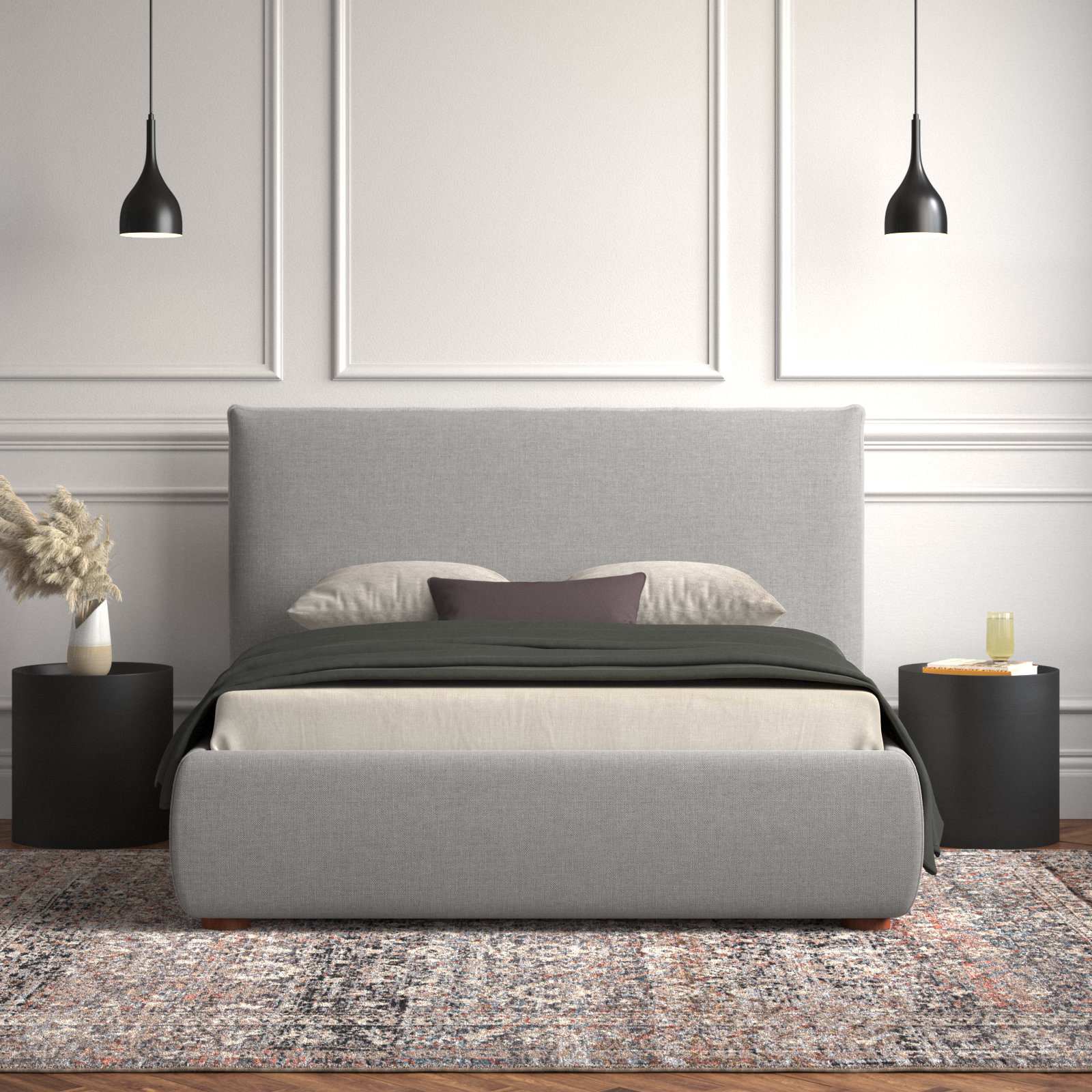 Timothy Upholstered Low Profile Platform Bed, Queen, Gray Basketweave, 45.5