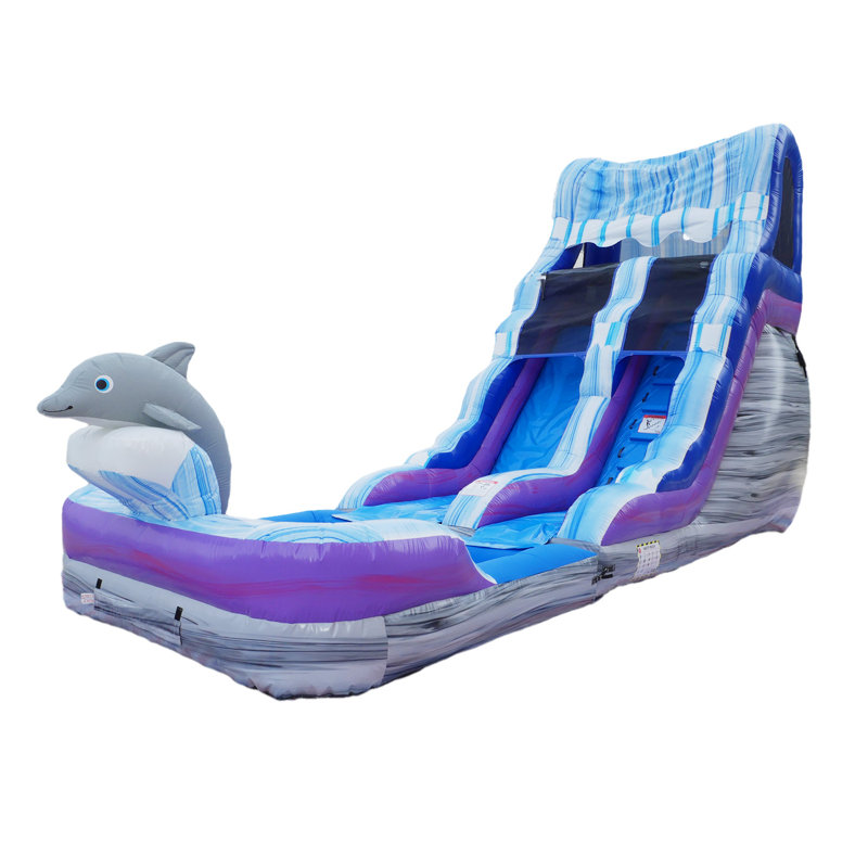 Toboggan aquatique gonflable HeroKiddo Dauphin de 4,9 m avec pataugeoire amovible, pour 2 enfants, avec souffleur d'air.