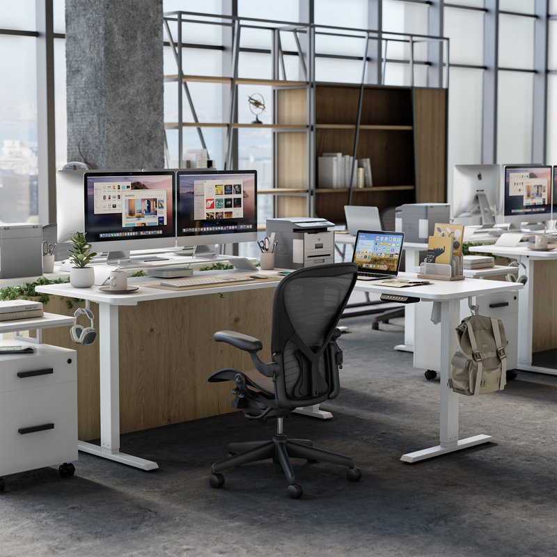 Bureau debout réglable en forme de L, Blanc / blanc, H 28,3 po x l 63 po x P 55 po