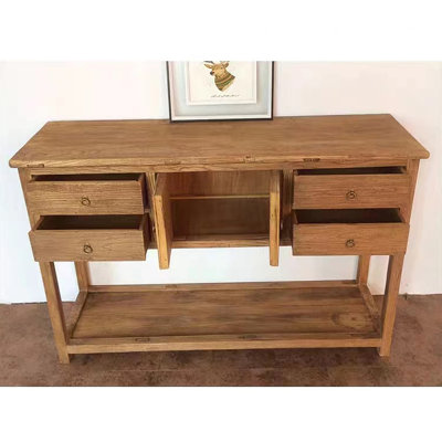 Rustic Solid Wood Console Table with 4 Drawers & Open Shelf
