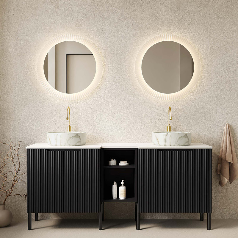 Meuble-lavabo double autoportant élégant avec lavabos en pierre et rangement à fermeture en douceur, Blanc de Carrare