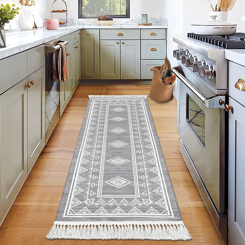 Tassel Area Rugs Washable Bordered Accent Carpet with Non-Slip Backing, Stain-Resistant Farmhouse Floor Cover, Soft Low Pile Indoor Mat for Bedroom, Living Room