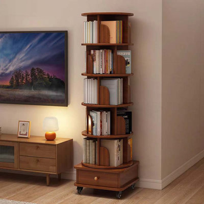 (UPGRADED) Rotating Bookshelf, 360 Display Corner Bookshelf for Small Space, 6 Tier Bookcase Storage Rack with Wheels, Wood Narrow Organizer for Bedro