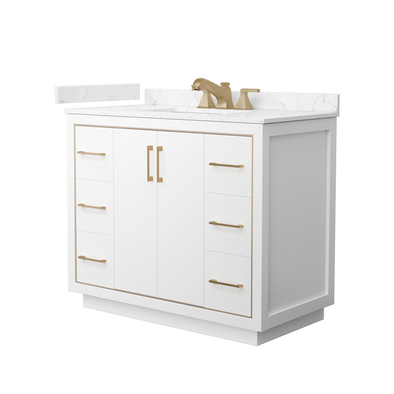 Icon 42" Freestanding Single Bathroom Vanity with Cultured Marble Top, White, Satin Bronze