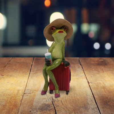 7"H Frog Lady Sitting on Suitcase Figurine