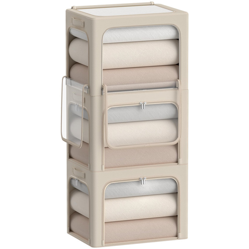 3Pack Clothes Storage Bins - Oxford Frame Storage Box Foldable Stackable Storage Organizer With 3 Openings Design, Metal Frame, Clear Window, Carry Handles (36L-15.7 * 11.8 * 11.8In, Beige)