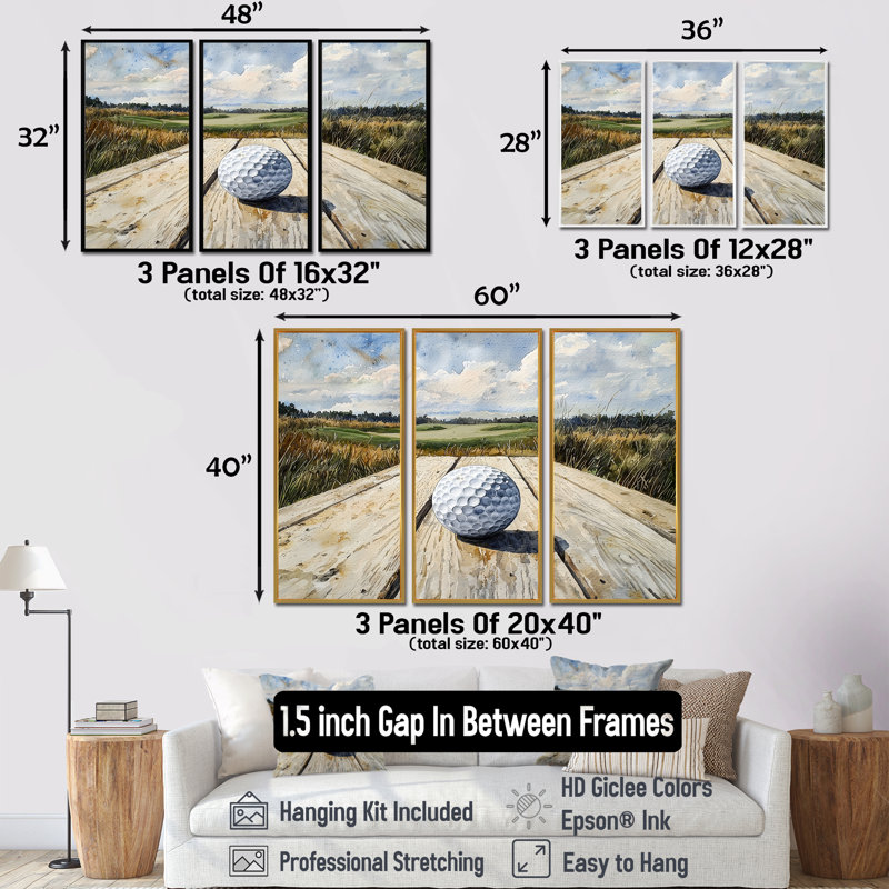 «Greens and Dreams Golf Course Landscape I», art mural golf - ensemble de 3, H 28 po x l 36 po, Noir
