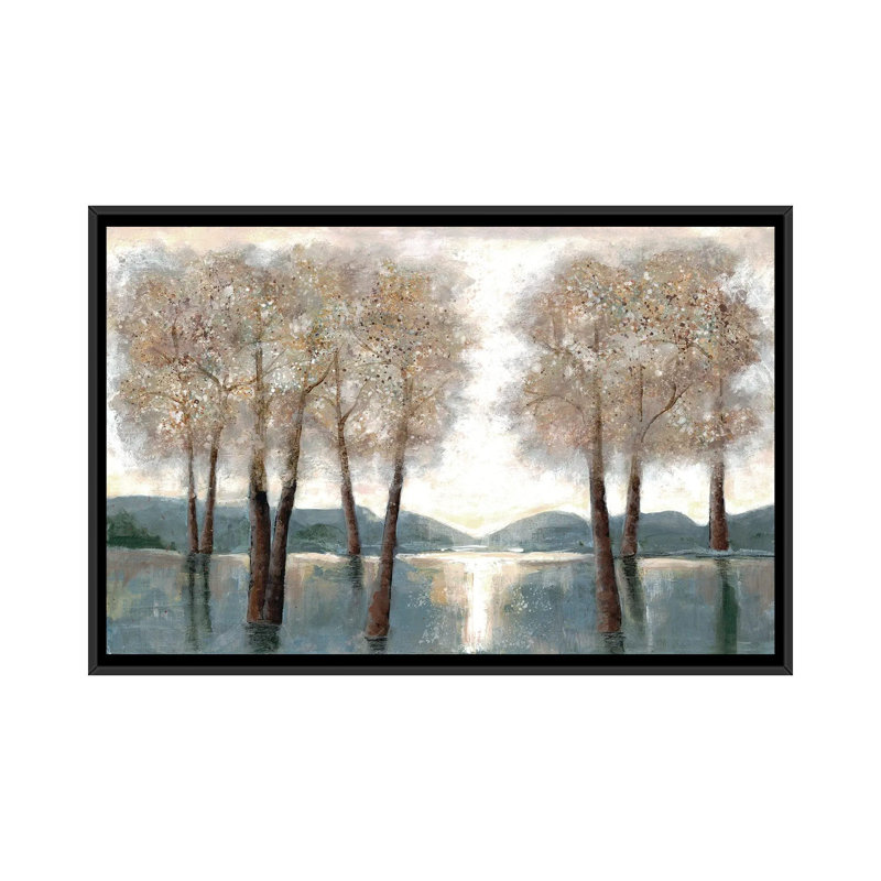 Approche du bois par Doris Charest - Peinture, H 18 po x l 26 po x P 1,5 po, Pas de tapis, Toile avec cadre noir