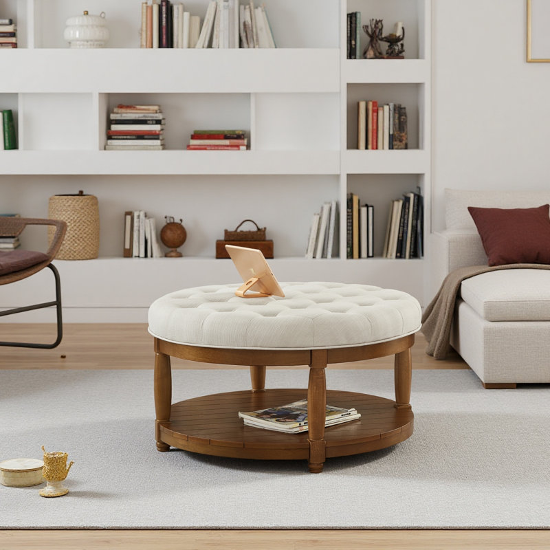 Grande table basse ronde avec repose-pieds rembourré en lin capitonné, grand repose-pieds avec tablette en bois massif, structure solide