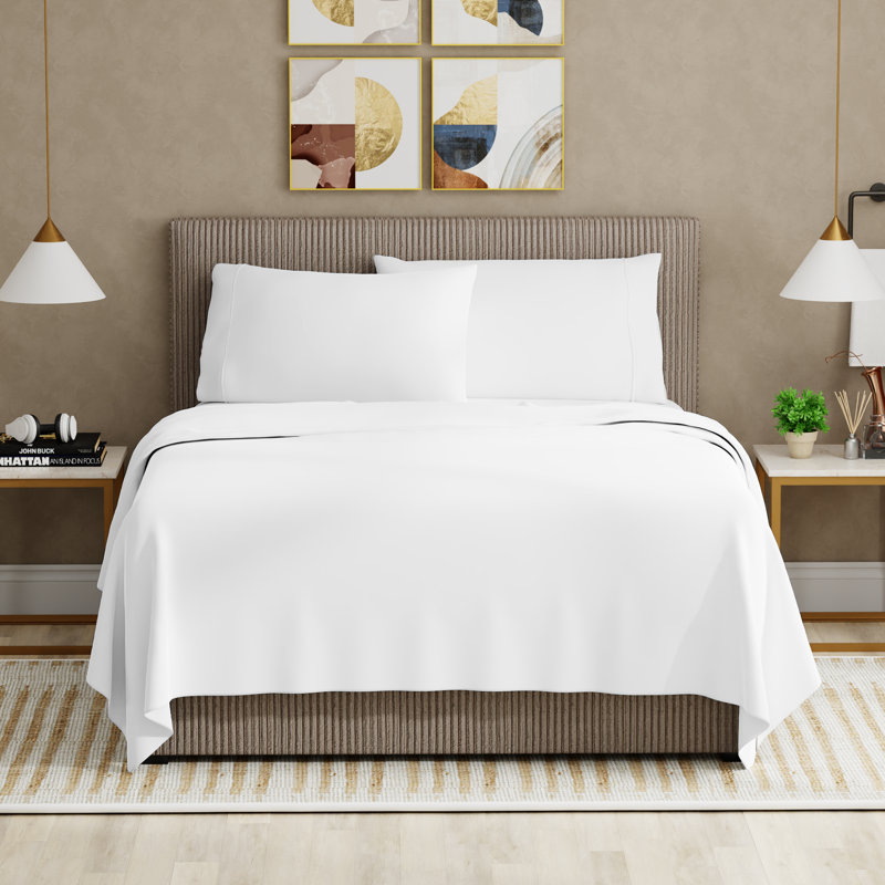 Ensemble de draps en microfibre ultra-doux et infroissable, Ensemble de draps pour lit double + 2 taies d'orei, Blanc neige