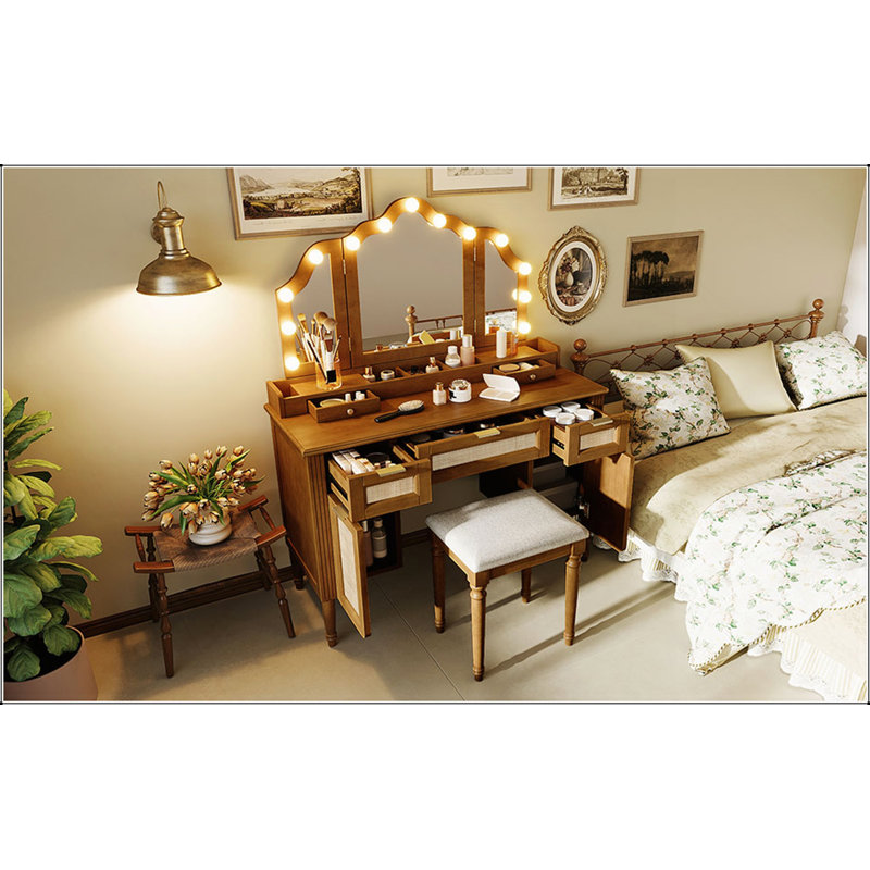 Meuble-lavabo de 44,37 pouces avec 13 ampoules Hollywood, 3 modes d'éclairage et beaucoup de rangement pour les chambres à coucher modernes