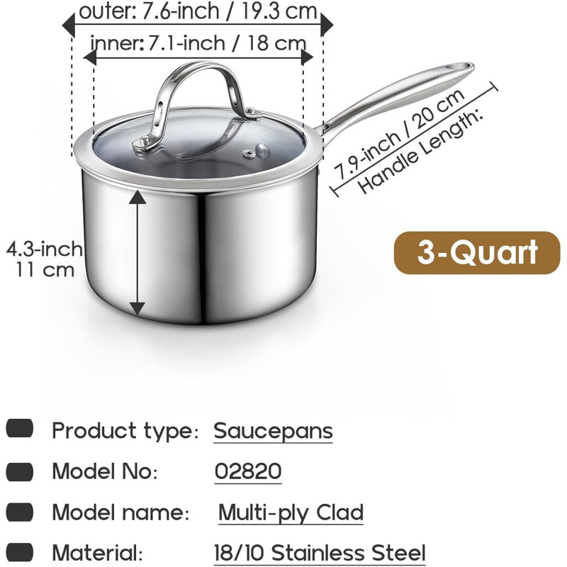 Casserole standard en acier inoxydable 3 pintes avec couvercle en verre, compatible avec toutes les surfaces de cuisson