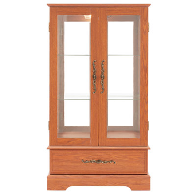 Dark Oak Glass Display With Adjustable Tempered Shelves, 2 Doors, 1 Drawer And - Toppling Strap For Balcony Lighted Mirrored Back Living Room
