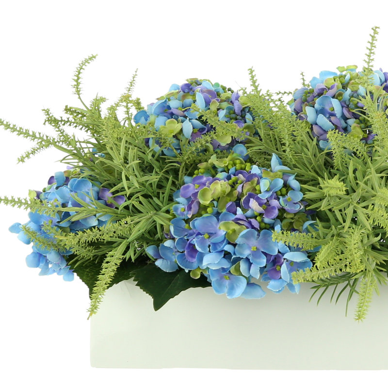 Artificial Hydrangea Polysilk Arrangement in Fiberstone Planter, Blue/Lavender/Green