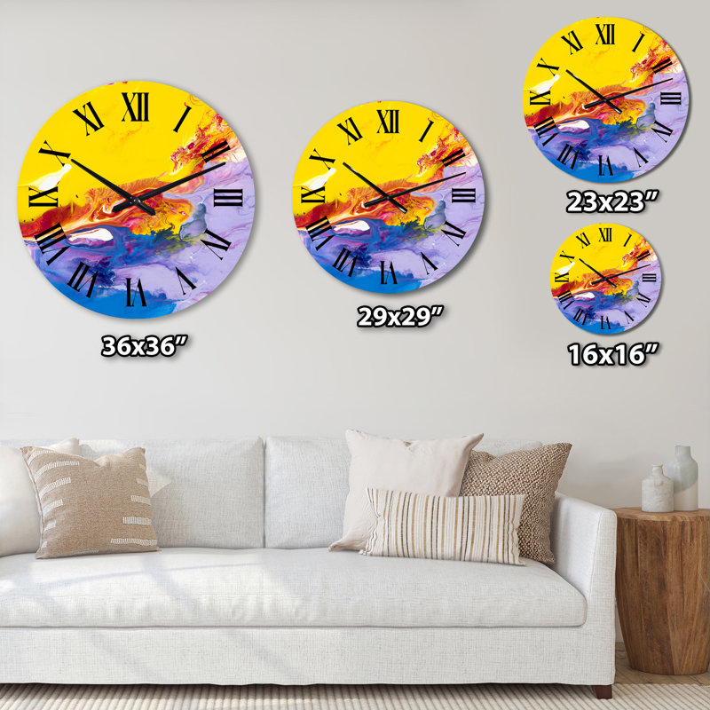 Jaune, jaune, rouge et bleu Stroke Universe I - horloge murale moderne, Petit