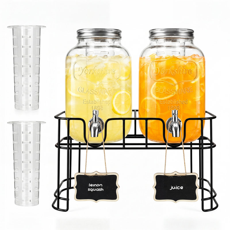 Ensemble de 2 distributeurs de boissons en verre de 1 gallon avec robinet et support en métal, distributeur de boissons à double pot Mason pour thé glacé
