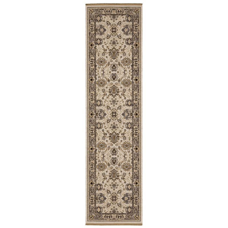 Abena Traditonal Bordered Beige/ Grey Wool Blend Area Rug, Runner 2'7" x 10'