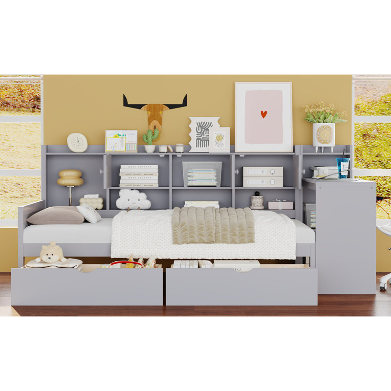 Lit de jour simple avec 3 armoires de rangement et 2 tiroirs, structure de lit de jour en L en bois avec bureau d'étude et bibliothèque intégrée, lit multifonctionnel pour chambre d'amis, gris