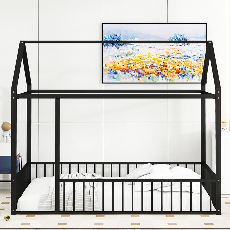 Metal Bed House Bed Frame With Fence, Full